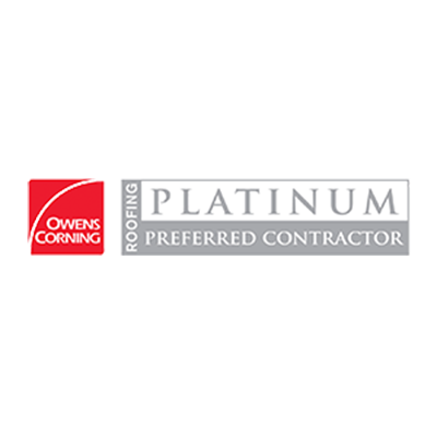 The image displays a logo for Owens Corning Roofing Platinum Preferred Contractor.