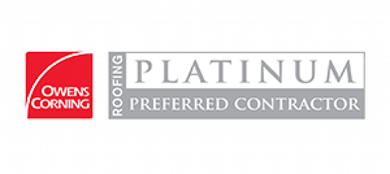 The image is a logo for Owens Corning Roofing Platinum Preferred Contractor.