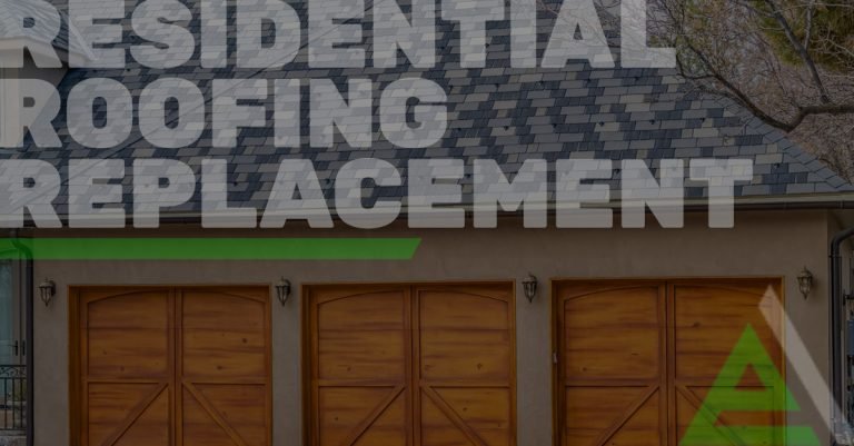 The image features a close-up of a residential building with a shingled roof and text overlay that says Residential Roofing Replacement.