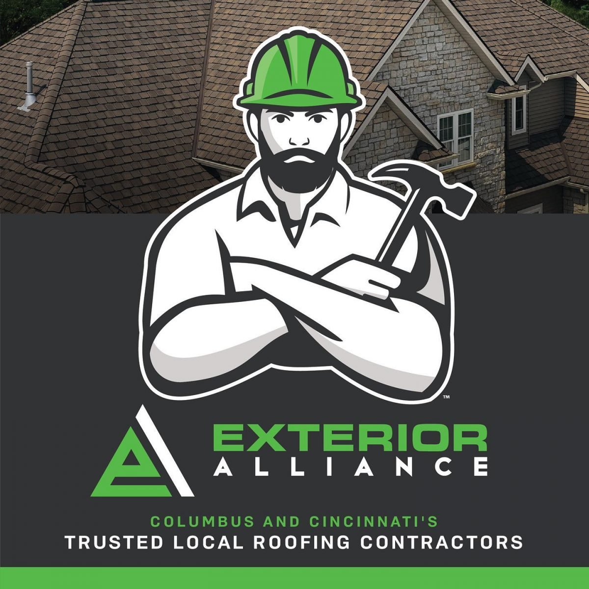 The image features a logo for Exterior Alliance with an illustration of a worker holding a hammer, representing trusted local roofing contractors for Columbus and Cincinnati.