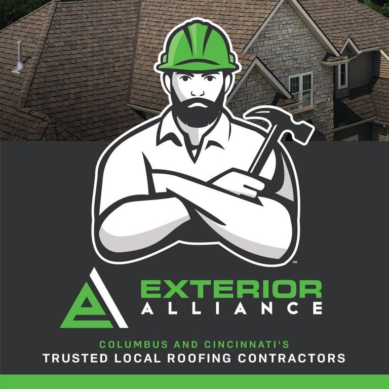 The image features a logo for Exterior Alliance with an illustration of a worker holding a hammer, representing trusted local roofing contractors for Columbus and Cincinnati.