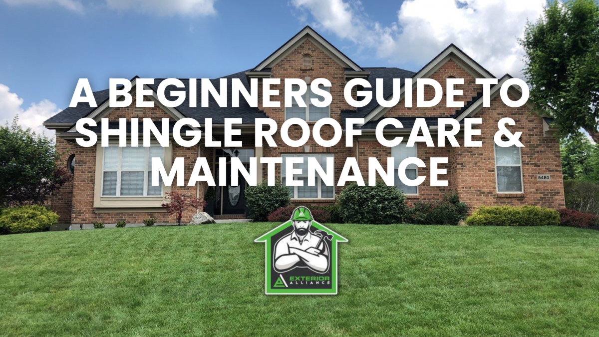 The image shows a house with a caption overlay about a guide to shingle roof care and maintenance.