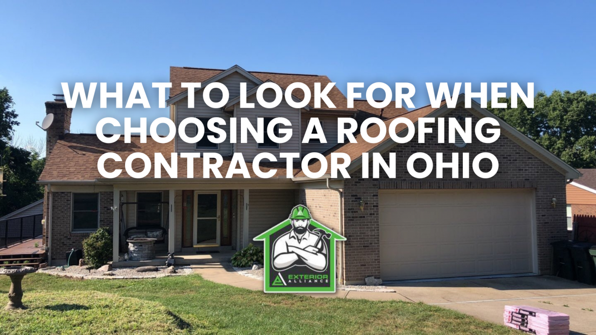 A suburban brick house with a text overlay regarding tips for selecting a roofing contractor in Ohio.