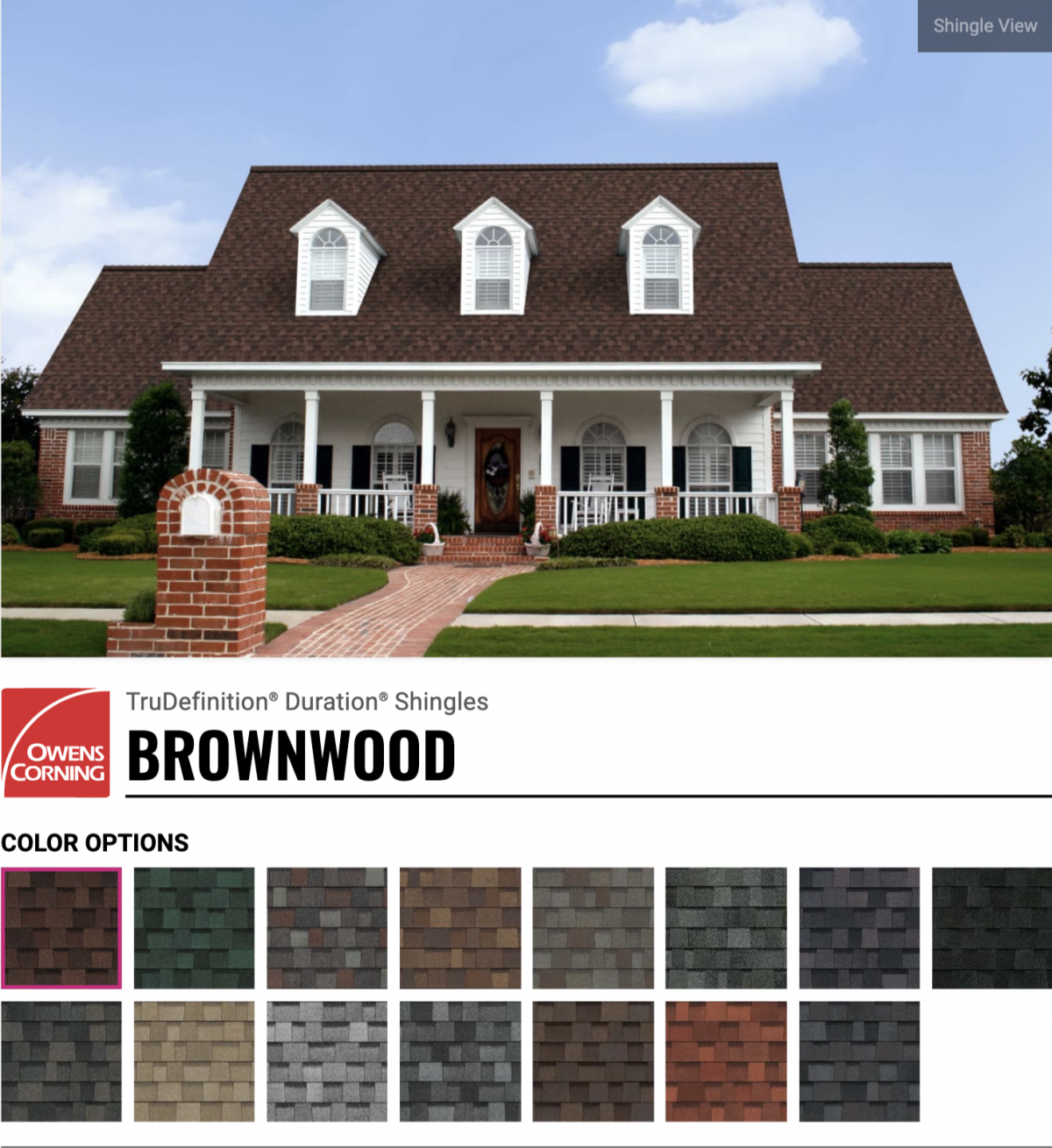 The image displays a two-story house with a shingled roof and a variety of roofing shingle color options below.