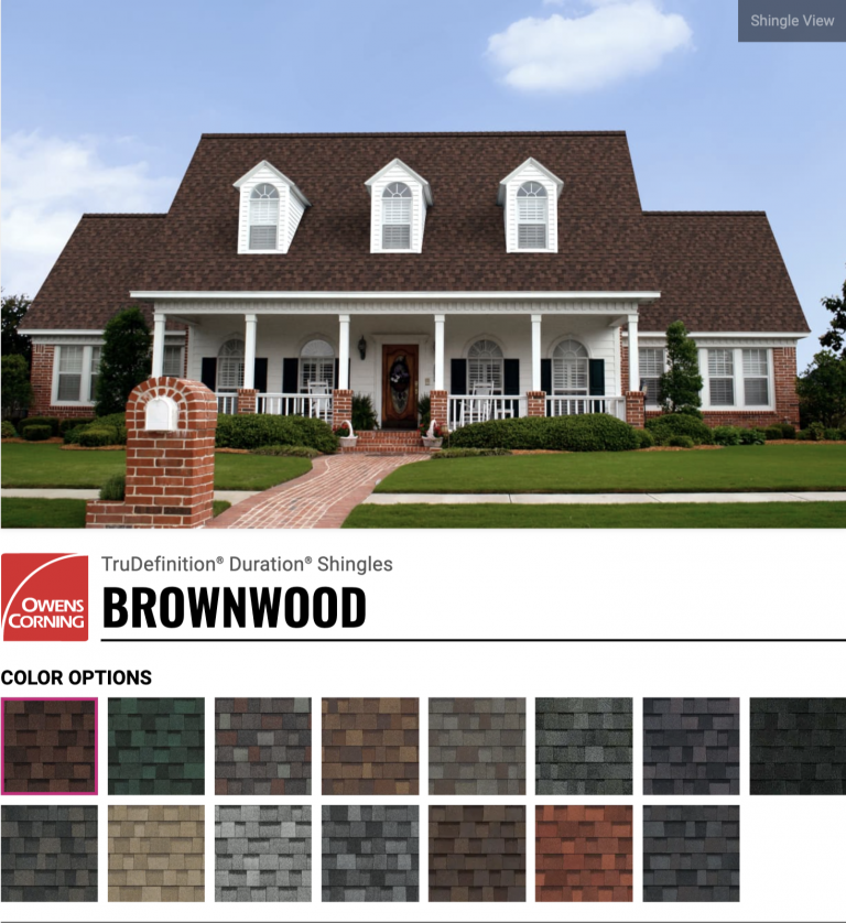 The image displays a two-story house with a shingled roof and a variety of roofing shingle color options below.