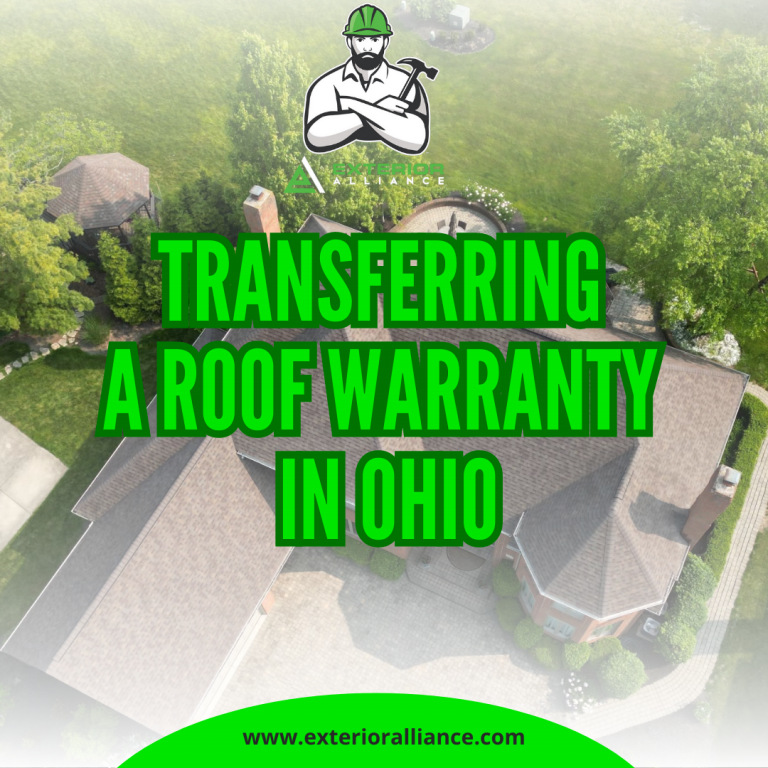 An aerial view of a residential home with text about transferring a roof warranty in Ohio and a company logo.