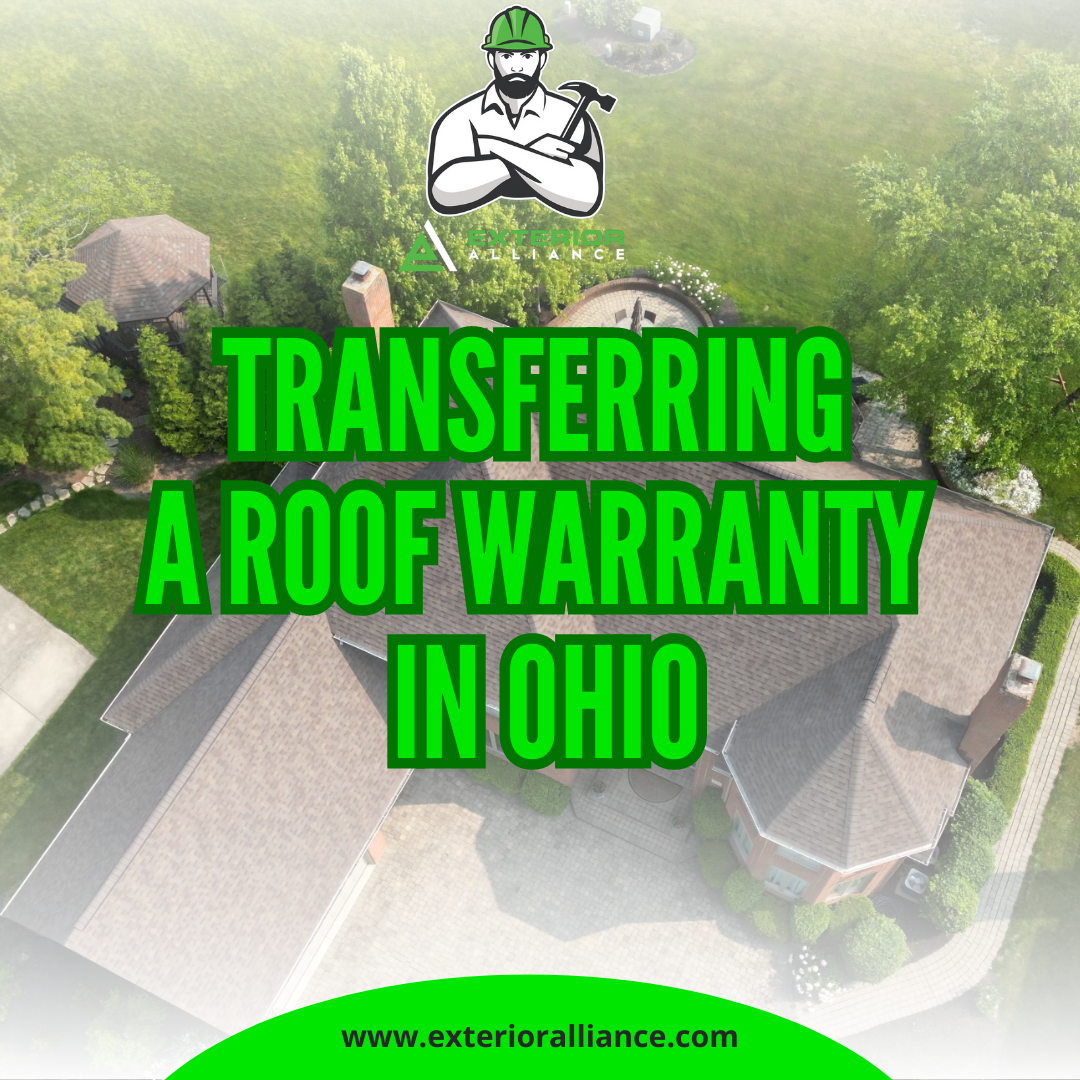 An aerial view of a residential home with text about transferring a roof warranty in Ohio and a company logo.