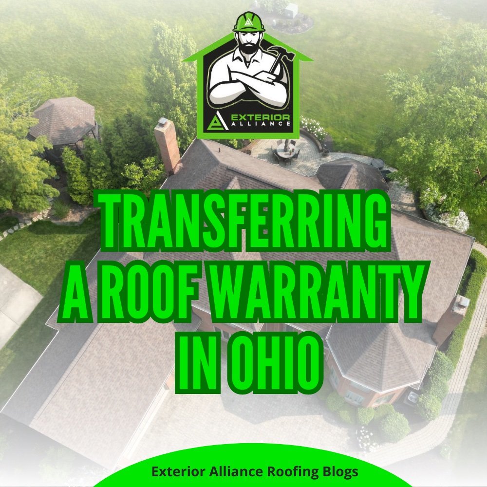 The image is an aerial view of a house with a green lawn, promoting a blog post about transferring a roof warranty in Ohio.