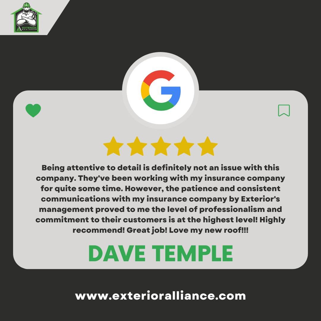 The image is a testimonial graphic from a satisfied customer praising Exterior Alliance for professional and high-quality roof services, featuring the Google review interface.
