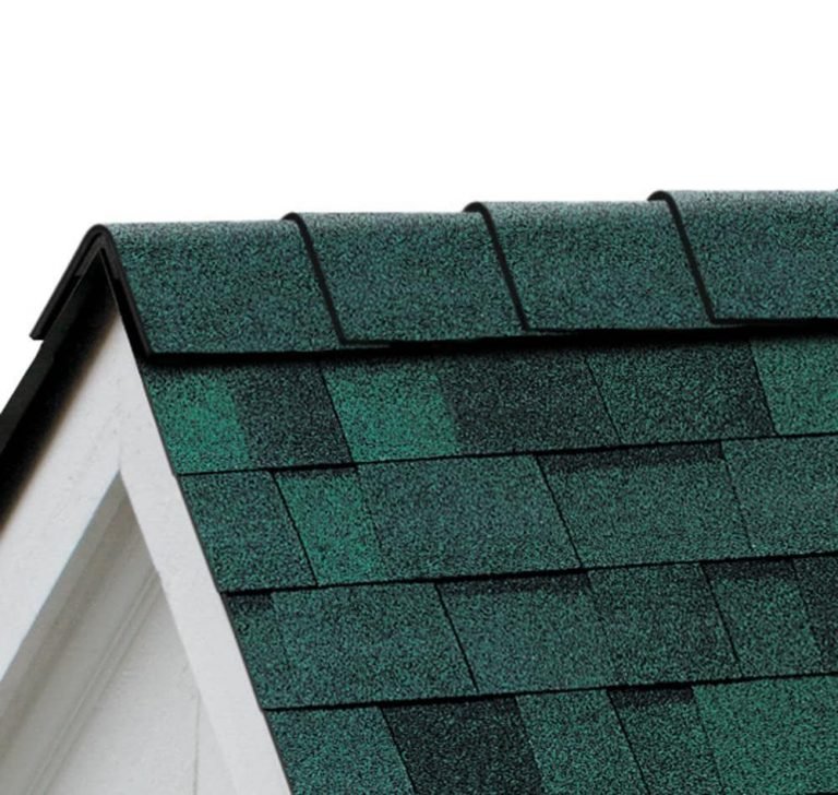 The image shows a close-up of a house's pitched roof with green asphalt shingles.