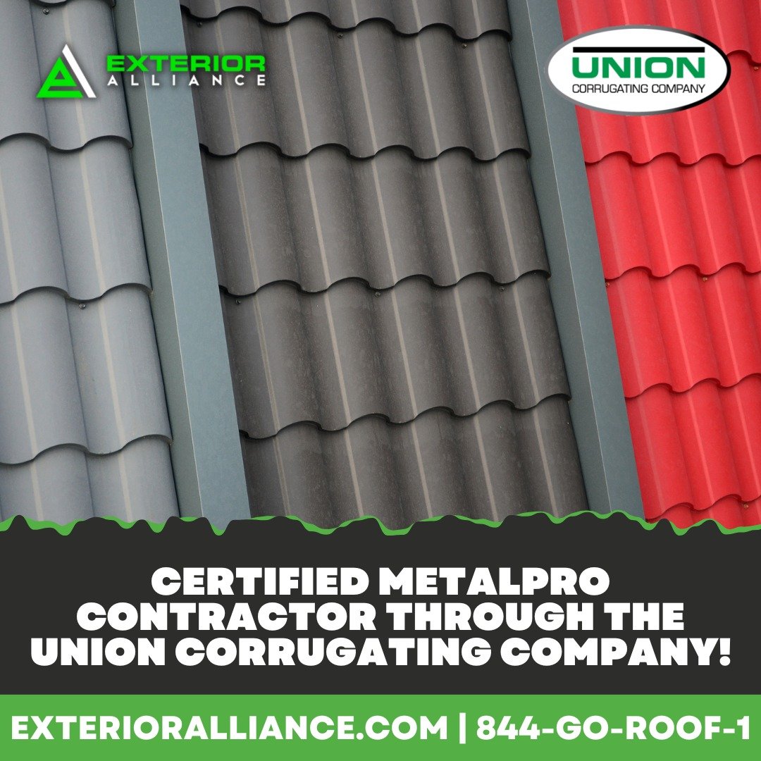 The image displays various colored metal roofing options with text advertising certified MetalPro contractor services through the Union Corrugating Company.