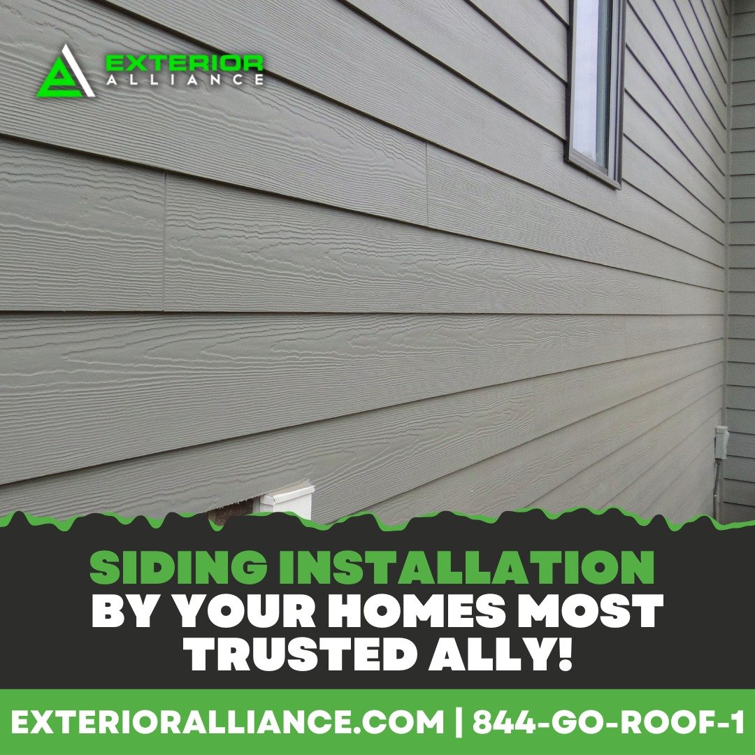An advertisement for siding installation services by Exterior Alliance with a close-up view of house siding and contact information.