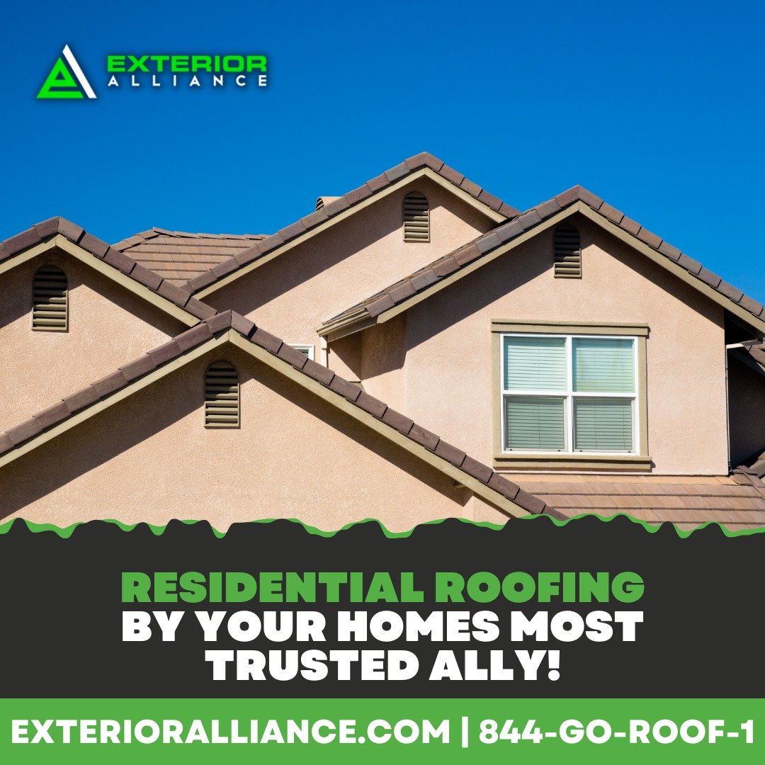 The image is an advertisement for residential roofing services by a company called Exterior Alliance with contact information.