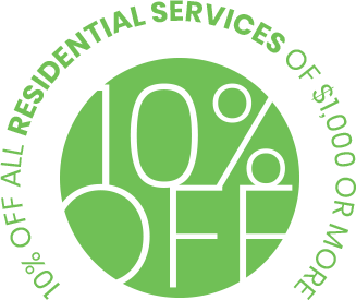 The image features a circular green promotional sticker offering a 10% discount on residential services of $1000 or more.