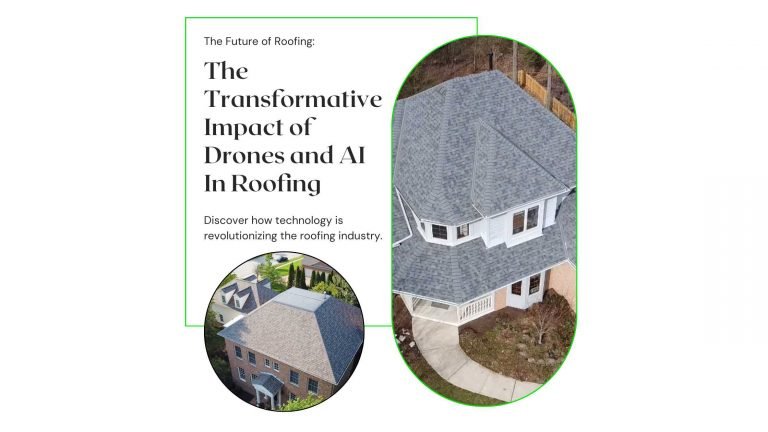 The image displays a flyer about transformative technology in roofing with an image of a house, serving as a promotional material for industry innovation.