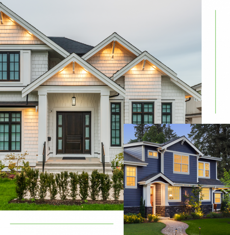 The image shows two different styles of houses, one with white siding and the other painted blue, each displaying distinctive architecture and landscaping.