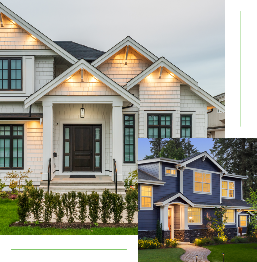 The image shows two different styles of houses, one with white siding and the other painted blue, each displaying distinctive architecture and landscaping.