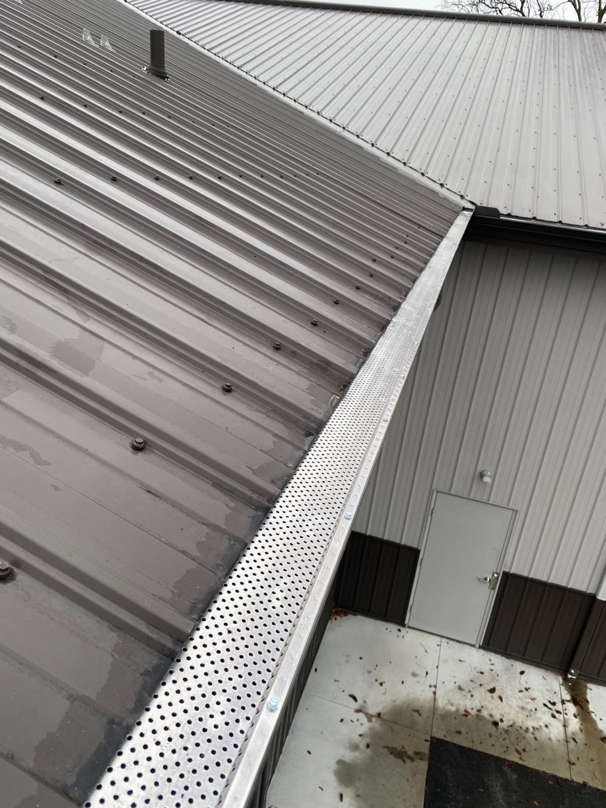 The image shows a close-up view of a metal roof with a gutter and perforated leaf guards installed.