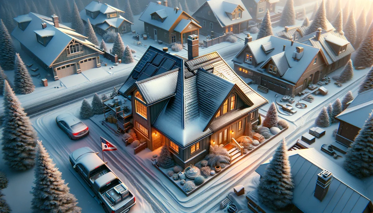 A snow-covered neighborhood at dusk featuring illuminated homes with warm lighting, highlighting a cozy atmosphere amidst a winter setting.