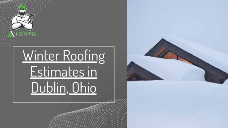 The image showcases a promotional ad for winter roofing estimates with a visible snow-covered roof in Dublin, Ohio.