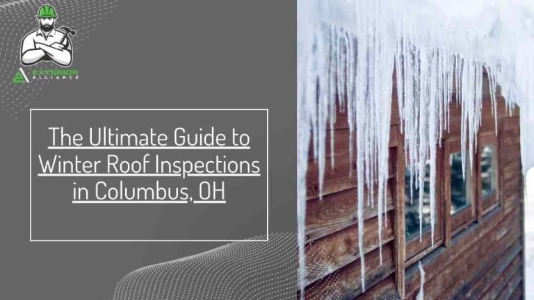 The image showcases a guide for winter roof inspections in Columbus, OH, alongside a visual of a roof edge with icicles.