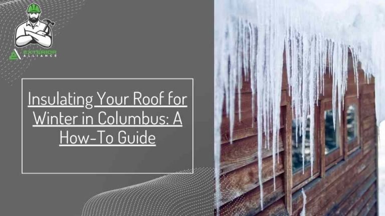 Icicles hang from the roof of a house with a guide text overlay about insulating the roof for winter in Columbus.