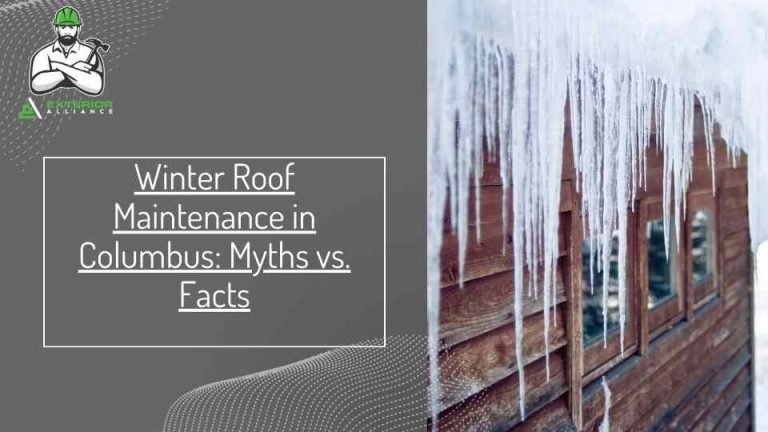 The image shows icicles hanging from the roof of a house alongside text about winter roof maintenance myths and facts in Columbus.
