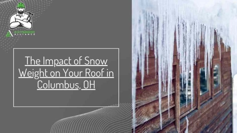 The image shows icicles hanging from a roof with text about the impact of snow weight on roofs in Columbus, OH.