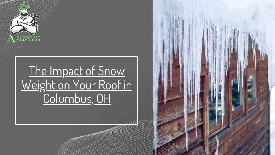 The image shows icicles hanging from a roof with text about the impact of snow weight on roofs in Columbus, OH.