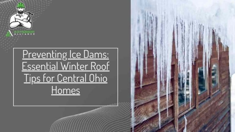 The image shows icicles hanging from a roof edge with text about preventing ice dams for homes in Central Ohio.