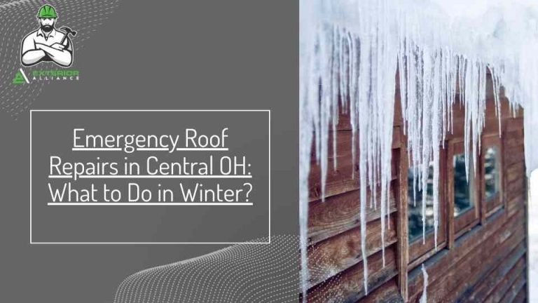 An advertisement for emergency roof repairs, featuring icicles hanging from a roof edge with text overlay.