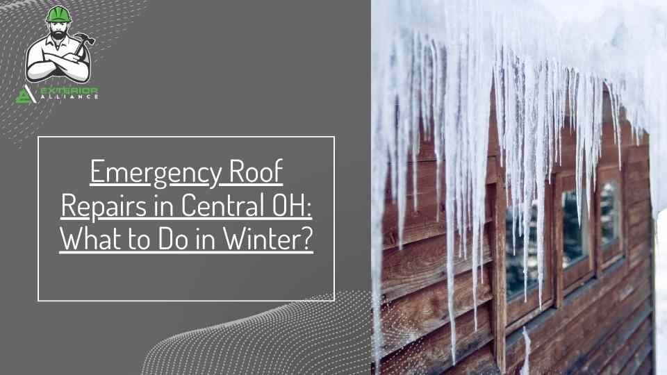 An advertisement for emergency roof repairs, featuring icicles hanging from a roof edge with text overlay.