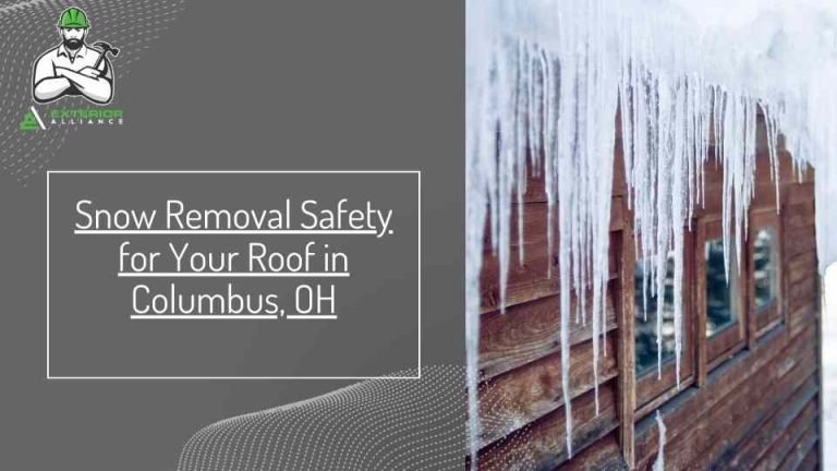 A promotional graphic for snow removal safety with icicles hanging from a roof edge in Columbus, OH.