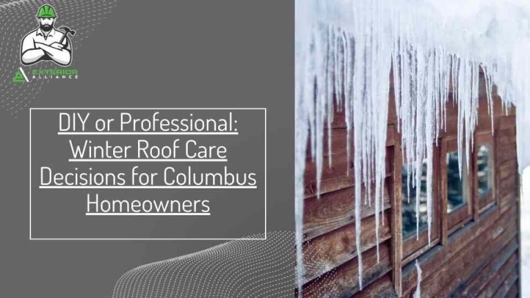 The image shows icicles hanging from a roof's edge with text overlay discussing winter roof care options for homeowners in Columbus.