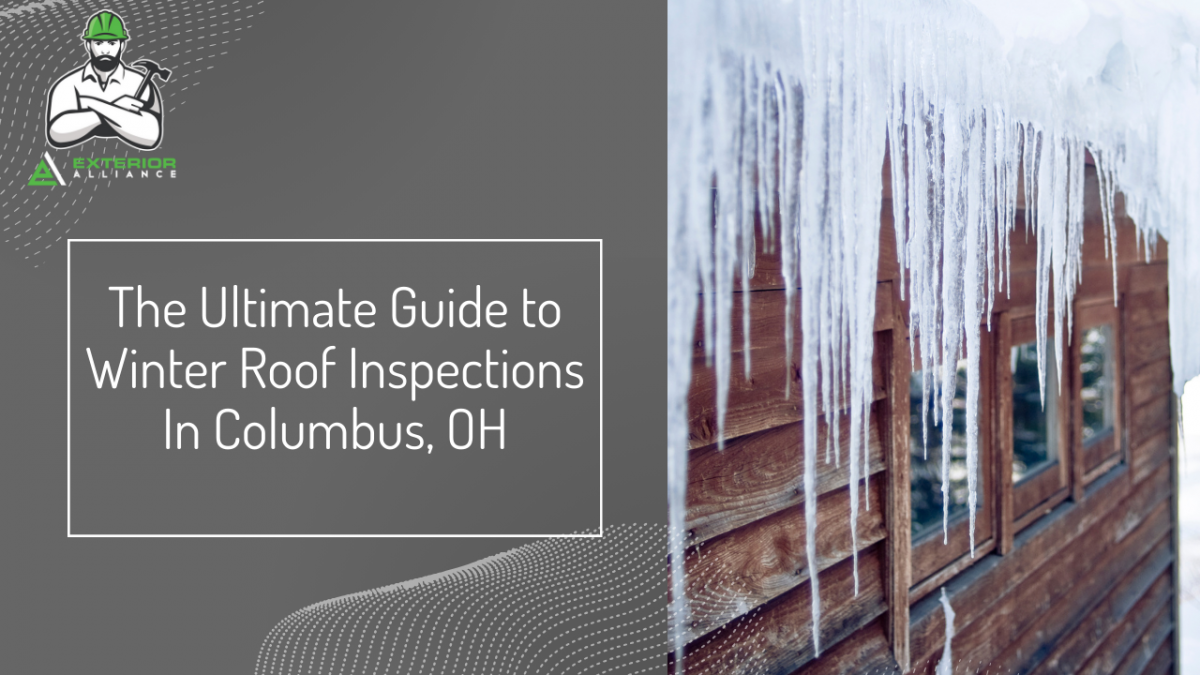 The image displays promotional material titled The Ultimate Guide to Winter Roof Inspections in Columbus, OH, alongside a visual of icicles hanging from a roof.