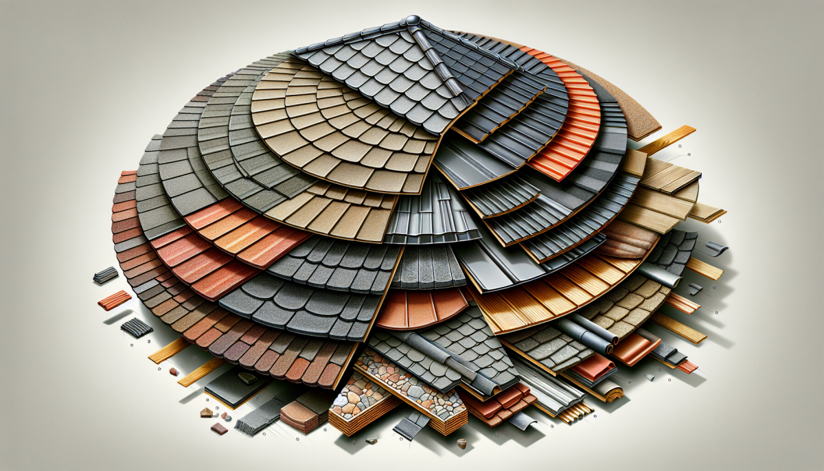 Illustration of a roof with various types of roofing materials such as asphalt shingles and metal panels