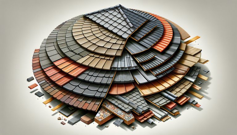 Illustration of a roof with various types of roofing materials such as asphalt shingles and metal panels