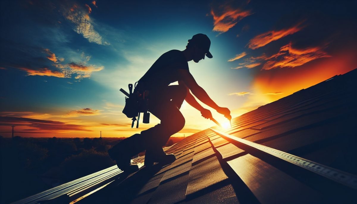 The image captures a professional roofer, silhouetted against a vibrant Ohio sunset, meticulously inspecting a storm-damaged rooftop, symbolizing the intricate process of roof repair and insurance claims.