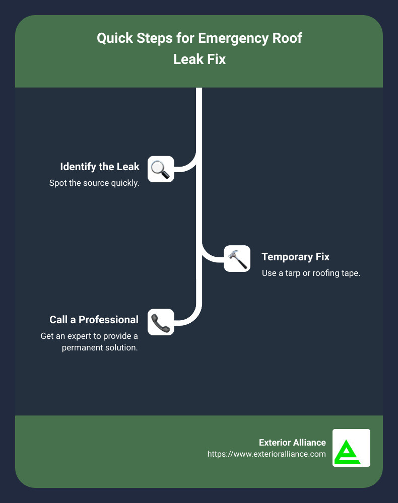 Infographic: Quick Steps for Emergency Roof Leak Fix - Identify the Leak, Temporary Fix, Call a Professional - emergency roof leak fix infographic infographic-line-3-steps