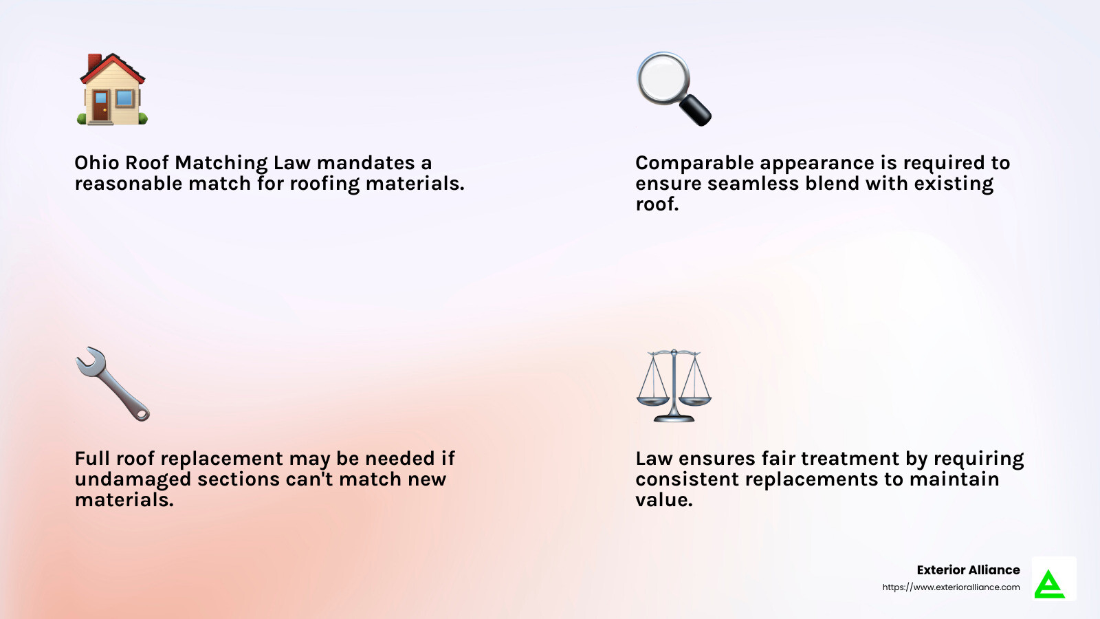 Ohio Roof Matching Law ensures fair treatment by requiring consistent replacements to maintain property appearance and value. - Ohio Roof Matching Law infographic 4_facts_emoji_light-gradient