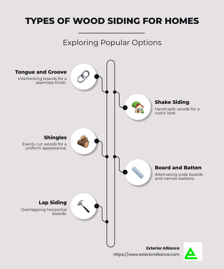 An infographic displaying types of wood siding, their pros and cons, and maintenance tips for each type - wood siding for homes infographic infographic-line-5-steps-neat_beige