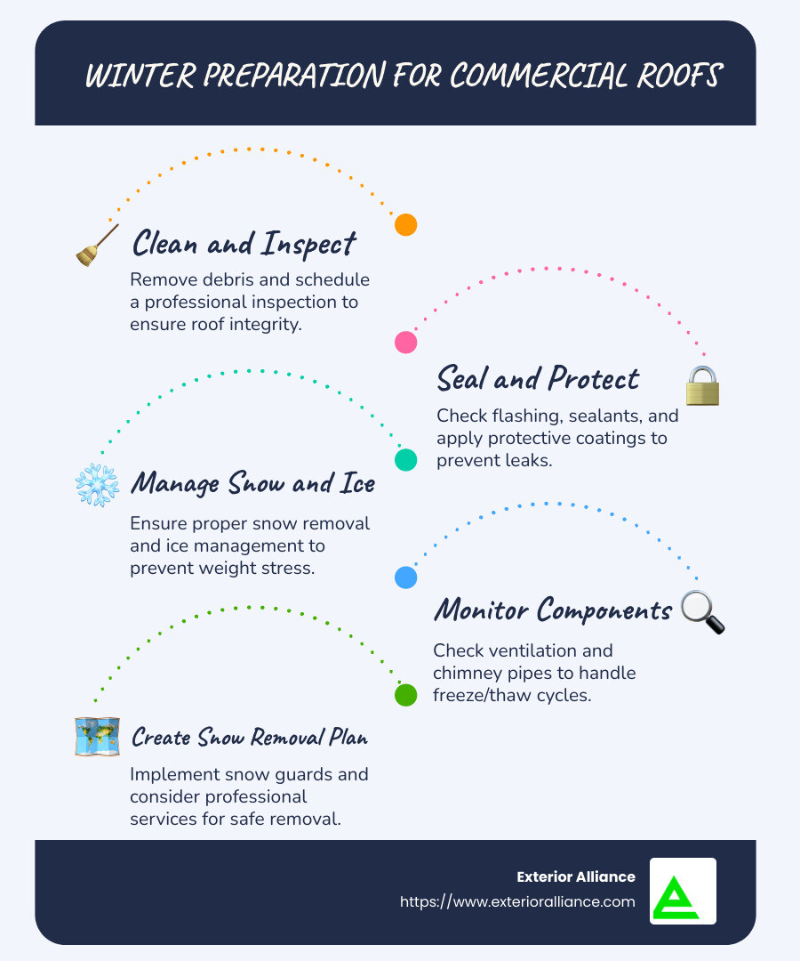 Step-by-Step Guide to Winter Preparation for Commercial Roofs - commercial roofing winter preparation infographic infographic-line-5-steps-blues-accent_colors