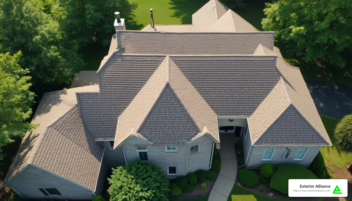 aerial view of a residential roof in Ohio with matching shingles - Ohio Roof Matching Law