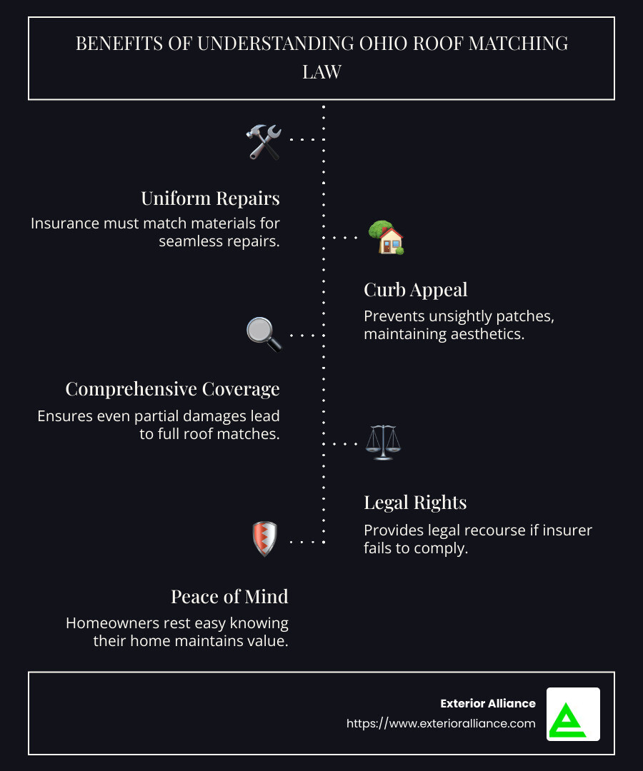 infographic on Ohio Roof Matching Law ensuring matching roof repairs, curb appeal protection, and comprehensive insurance coverage - Ohio Roof Matching Law infographic infographic-line-5-steps-dark