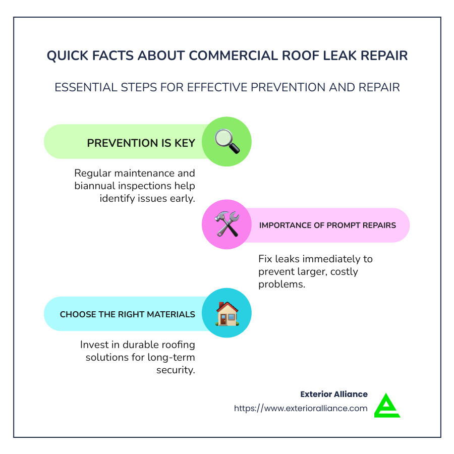 Infographic illustrating quick facts about commercial roof leak repair: necessity of preventive maintenance, importance of prompt repairs, recommended materials, and professional service considerations - commercial roof leak repair infographic infographic-line-3-steps-colors