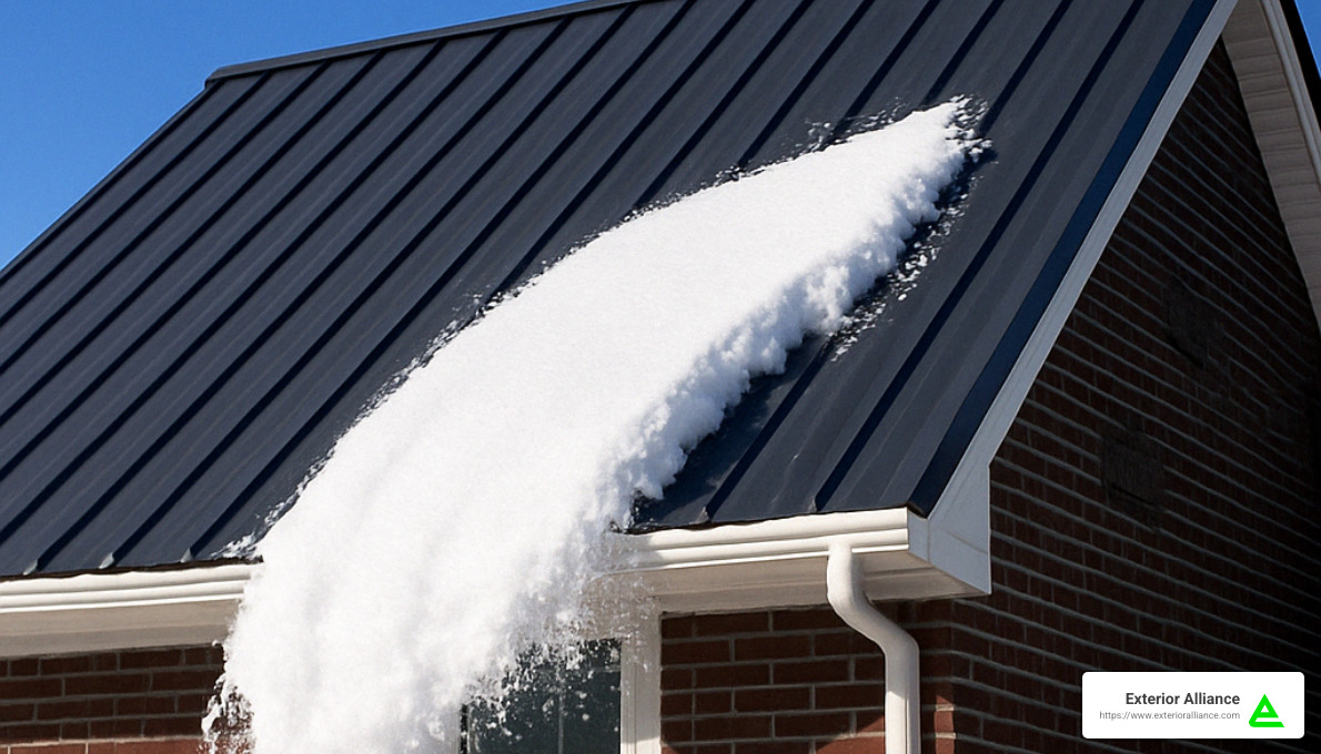 metal roof shedding snow in Columbus winter - metal roof vs asphalt shingles Columbus