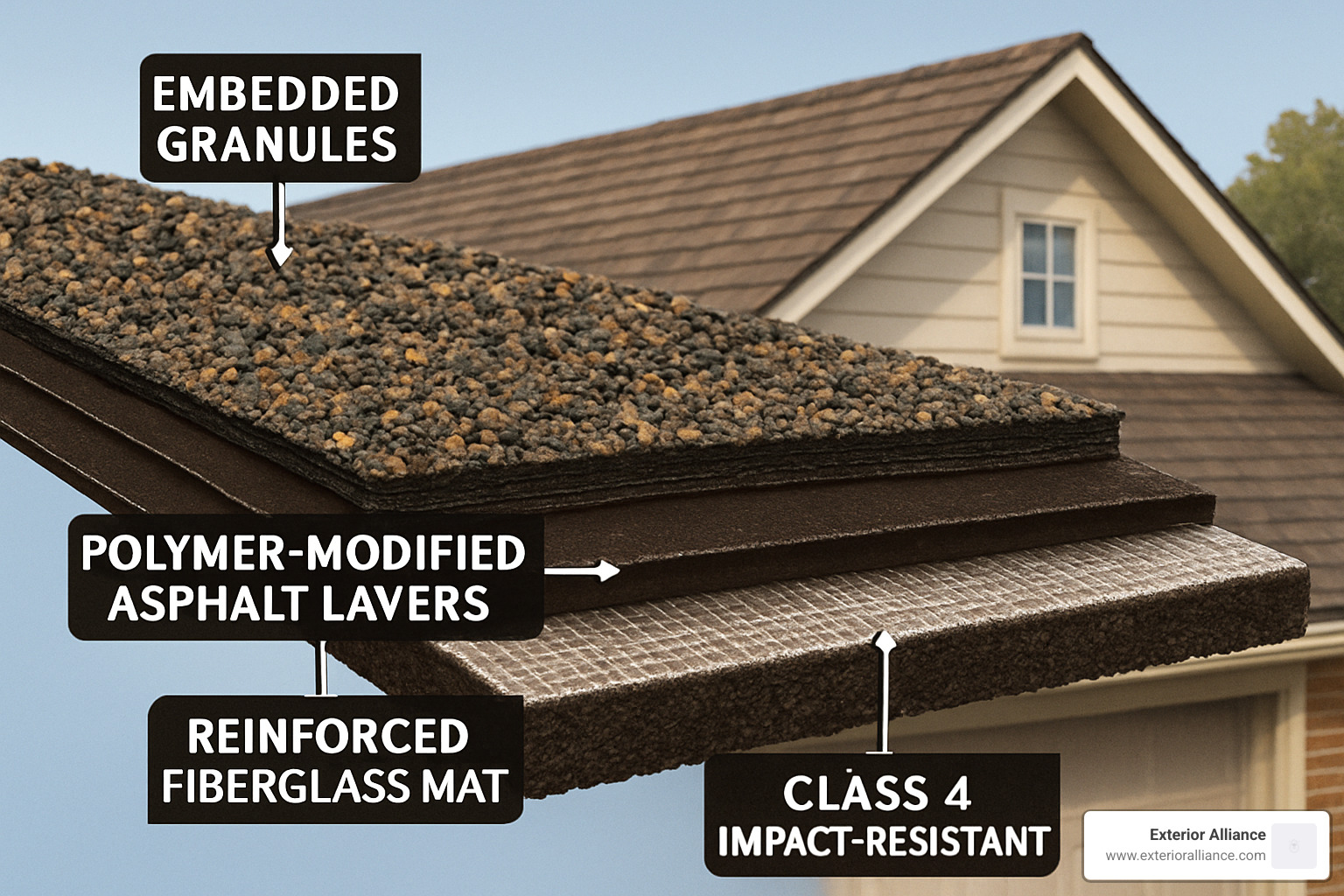 Impact-resistant Class 4 shingles showing reinforced construction - hail damage roof replacement