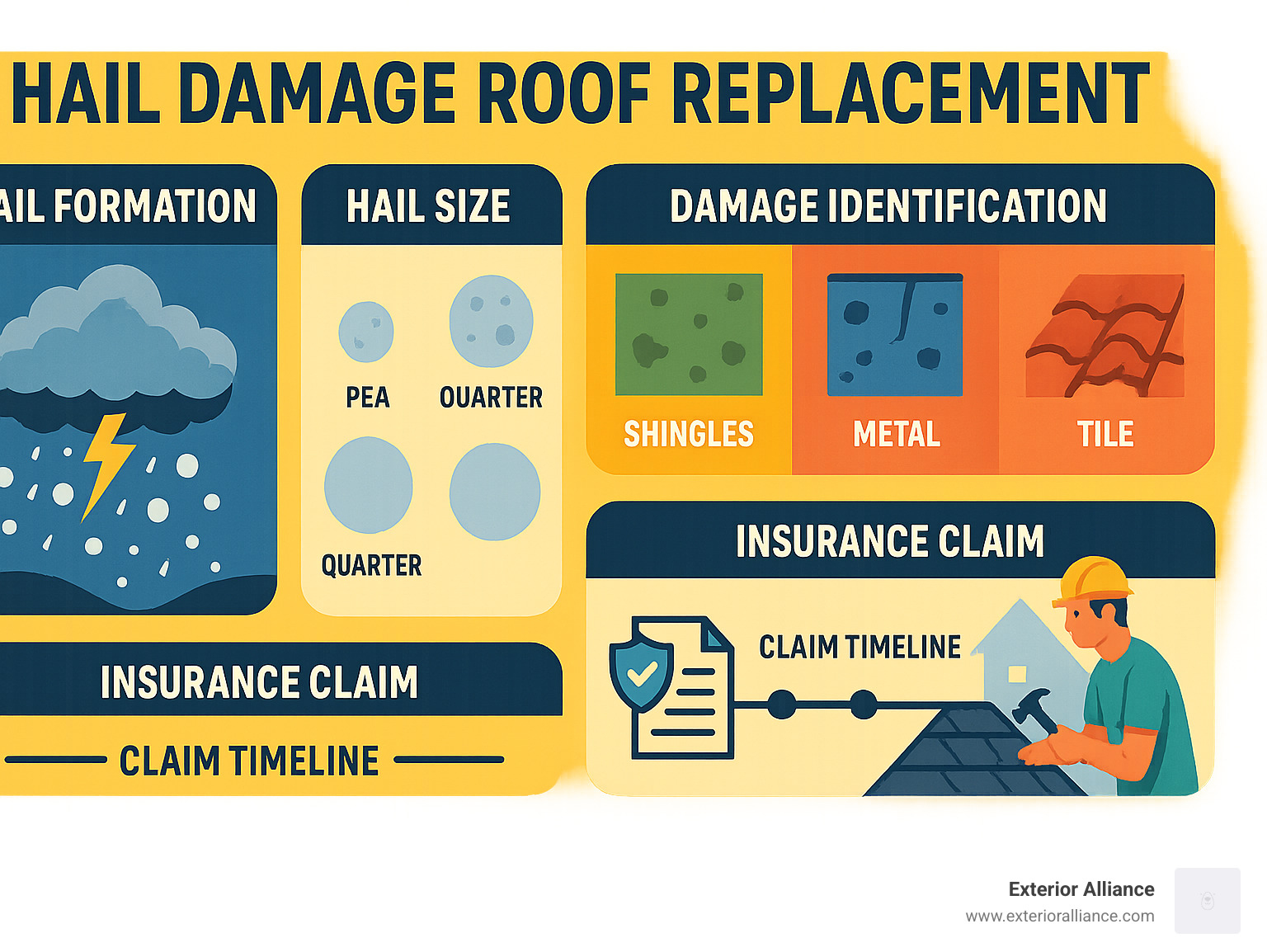 Infographic showing hail damage assessment process including: hail formation in thunderstorms, size comparison chart (pea to softball), damage identification by roofing material, insurance claim timeline, and roof replacement workflow - hail damage roof replacement infographic