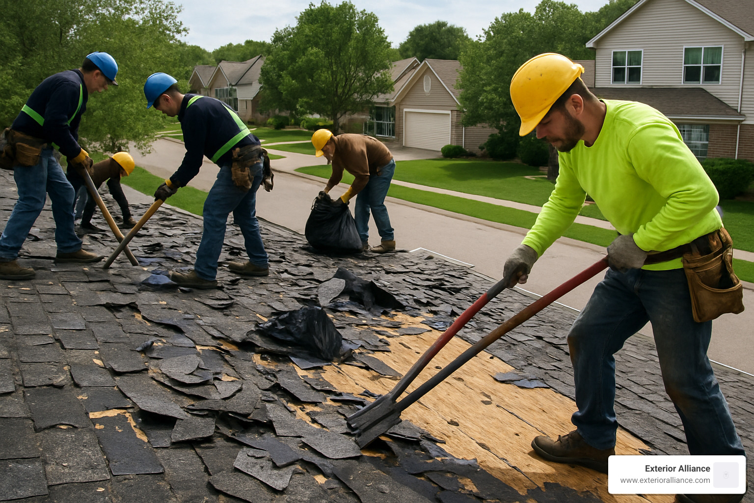 Roof tear-off process showing damaged shingles being removed - hail damage roof replacement