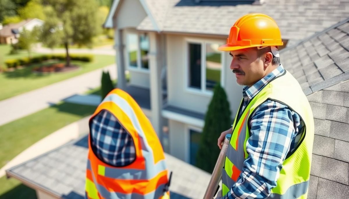 A professional roof contractor, wearing a hard hat and safety vest, inspecting a residential roof. The contractor is standing on a ladder, carefully examining the shingles, gutters, and flashing. In the background, a well-maintained suburban home with a well-manicured lawn. The lighting is bright and natural, capturing the contractor's focused expression and the details of the roof. The camera angle is slightly elevated, providing a clear view of the contractor's work. The overall mood conveys a sense of expertise, diligence, and attention to detail.